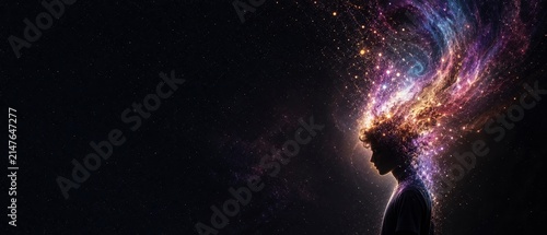 Silhouette person stargazing under vibrant cosmic nebula. Mystical human figure admiring colorful interstellar gas clouds in deep space.