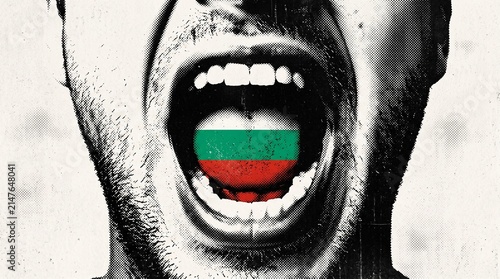 A person screaming with the Bulgarian flag on their tongue, symbolizing national identity or protest.