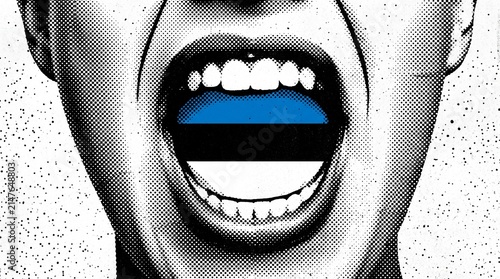 Close-up of a person screaming with the Estonian flag inside their mouth, rendered in a halftone graphic style.