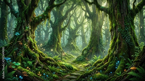 A mystical, enchanted forest with moss-covered trees, glowing mushrooms, and a path leading through the undergrowth. The scene is bathed in soft, ethereal light, creating a dreamlike atmosphere.