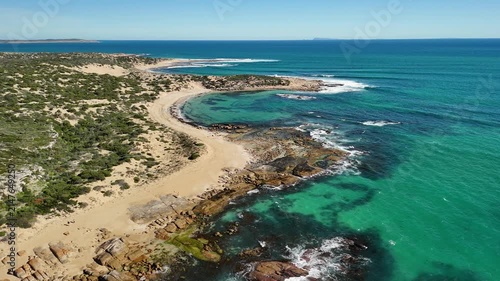 Gym Beach, Marion Bay, Yorke Peninsula, South Australia – 4K aerial drone view of pristine beach, turquoise waters, rocky shoreline, coastal dunes, natutal reserve.