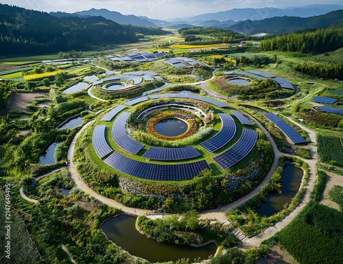Spiral landscape with solar panels and greenery, renewable energy, nature-tech harmony.

