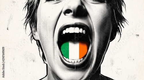 Monochromatic image of a person screaming with the vibrant Irish flag painted on their tongue, symbolizing national identity.