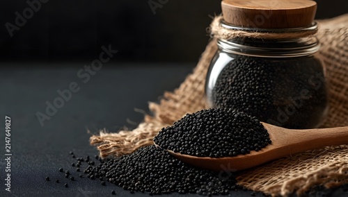 Black cumin seed on burlap cloth, natural texture, rustic organic spice close-up.

