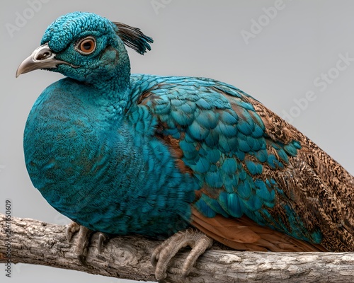 Detailed portrait of a vibrant blue peahen perched on a natural branch