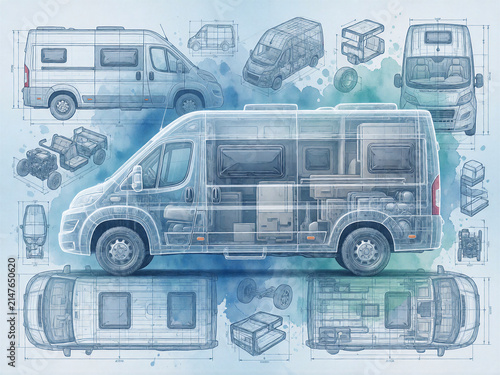 Camper van technical blueprint illustration