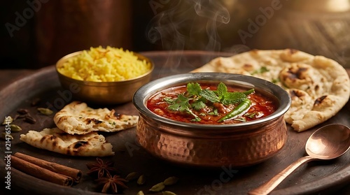 Authentic Indian Curry Dish Served with Fragrant Basmati Rice and Warm Garlic Naan Bread on a Traditional Copper Serving Bowl