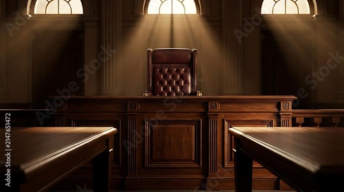Majestic Wooden Judge Bench in a Traditional Courtroom with Dramatic Lighting and Leather Chair