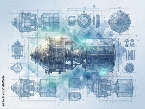 Technical blueprint illustration of a satellite in orbit