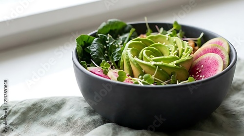 Fresh and Healthy Buddha Bowl Featuring Avocado Rose Slices with Radish and Microgreens for a Nutritious Plant Based Meal
