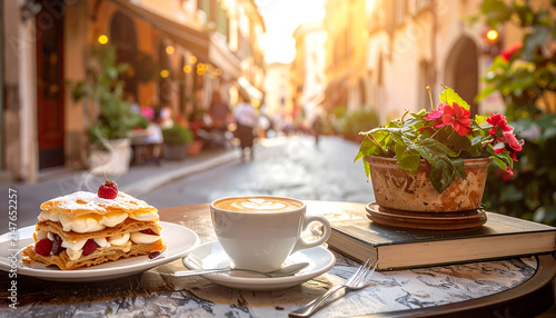 Italian Cafe Scene Delicious Pastry and Cappuccino Served Outdoors with Warm Sunlight