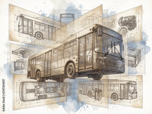 Technical blueprint illustration of a modern city bus