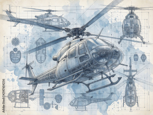 Technical blueprint collage of a generic helicopter
