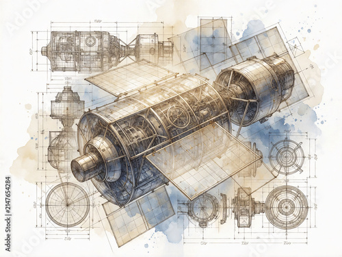 Technical blueprint illustration of a space satellite