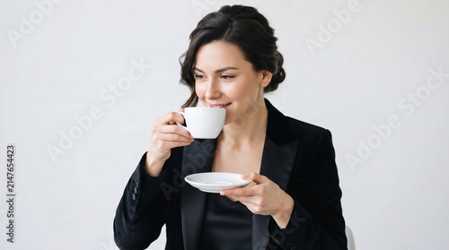 Photo, close-up, an employee's hand holding a coffee cup, company employee, businessperson, activity, white background  