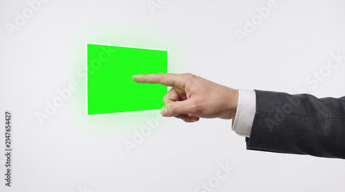Photo, close-up, a man's hand touching a green screen, product advertisement, company, 