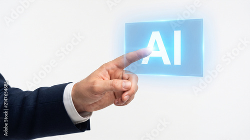 Photo, close-up, hand pointing at a virtual screen displaying the text “AI” (artificial intelligence), company employees, businesspeople, white background  