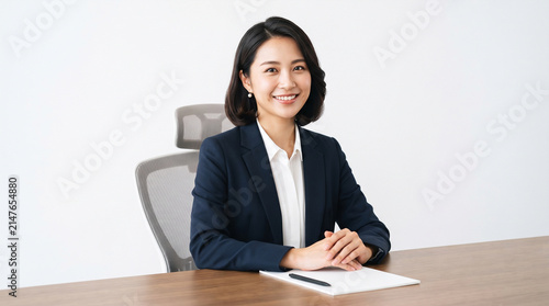 Photo, company employee, woman in formal attire sitting and smiling, activity,  
