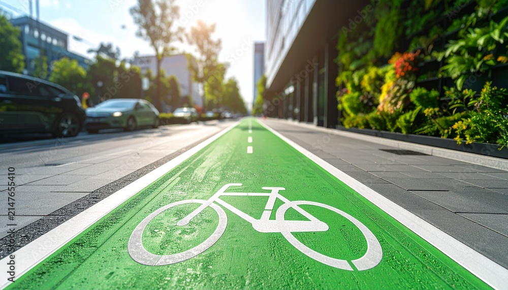 Obraz premium Eco-office bike lane in modern city. Sustainable urban infrastructure for green commuting.
