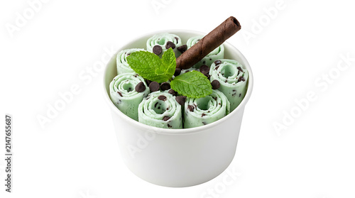 Refreshing mint chocolate chip Thai rolled ice cream with fresh mint leaves, isolated on a pure white background