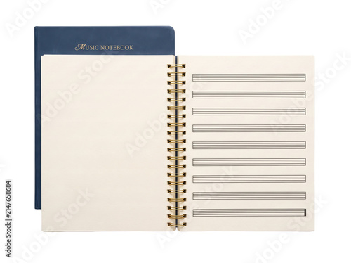 Open spiral bound music manuscript notebook with blank staff lines