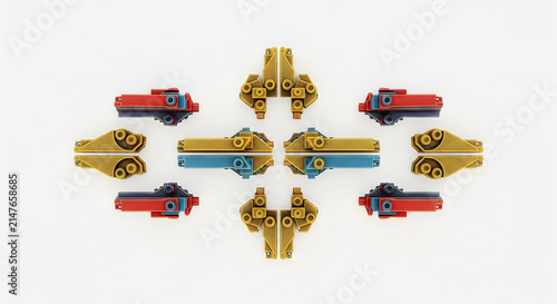 Symmetrical pattern of colorful plastic toy blocks and mechanical components on white background
