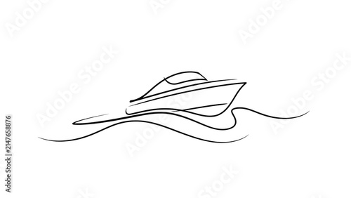 Minimalist yacht line art illustration white background.