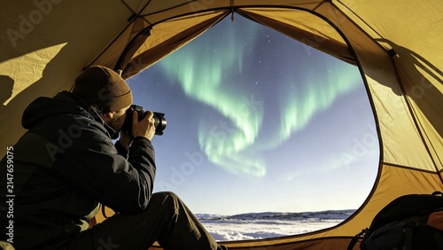 Photographer inside tent viewing aurora borealis through ope