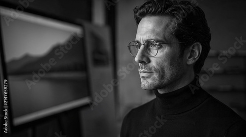 Thoughtful Male Architect Standing in Modern Dark Studio with Large Display Screen and Blueprints