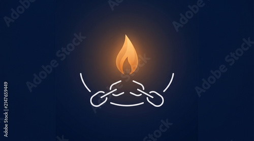 Minimalist graphic illustration featuring a glowing flame rising from broken metal links against dark background with displays stylized glowing broken metallic chain