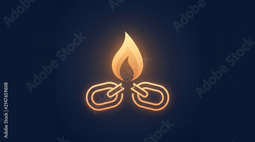 Glowing flame rising from broken metal chain links symbolizing freedom and breaking free from restraints with dark blue background glowing orange chain with chain