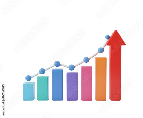 3d bar chart with a rising trend line arrow isolated on transparent background