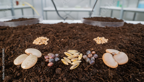 Various agricultural seeds and grains arranged on rich soil in a laboratory for research