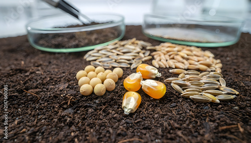 Selection of various crop seeds including corn, soy, and sunflower on fertile soil for agricultural research