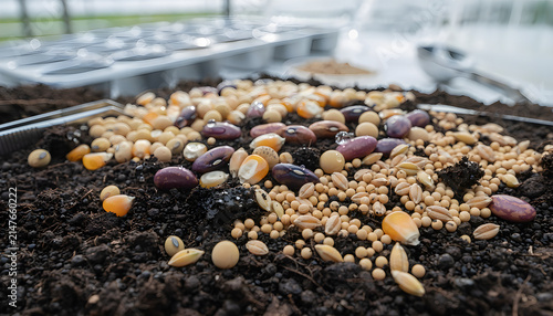 Various crop seeds including corn beans and wheat scattered on dark fertile soil for planting in a nursery