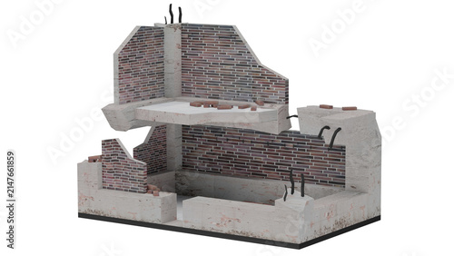3d rendering of a broken wall structure with exposed bricks