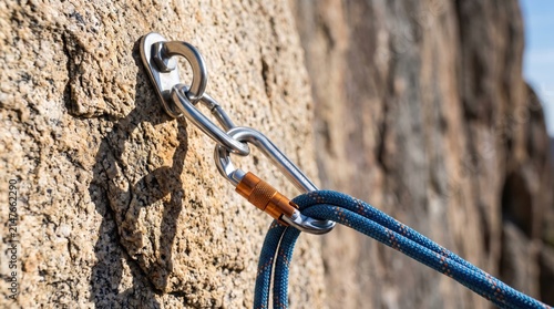 Close-up of a rock climbing anchor bolt with carabiner and blue safety rope attached to a granite cliff.