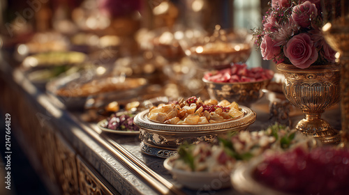 Lavish Banquet Table with Golden Platters, Gourmet Appetizers and Fresh Pink Roses at Luxury Event