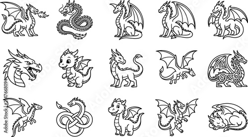 Bild auf Leinwand Collection of Dragon Illustrations: Mythical Creatures Fantasy Art