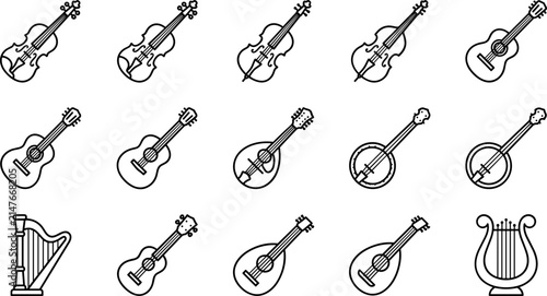 Cuadro en lienzo Collection of String Musical Instruments Vector Icons