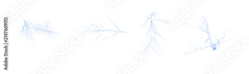 Collection of blue lightning bolts and electrical discharges, symbolizing power and energy.