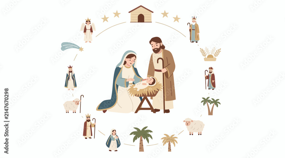 Naklejka premium nativity scene, mary and joseph with baby jesus