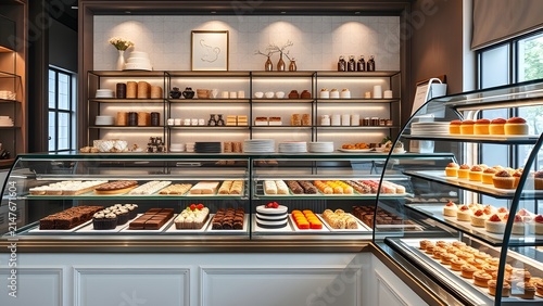 A wide shot of a modern bakery interior with a variety of pastries and cakes on display in glass cases and shelves.