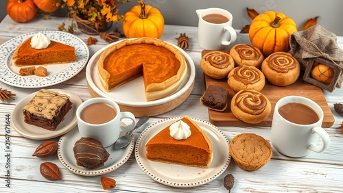 Autumnal Dessert Spread with Pumpkin Pie Cinnamon Rolls and Hot Beverages.