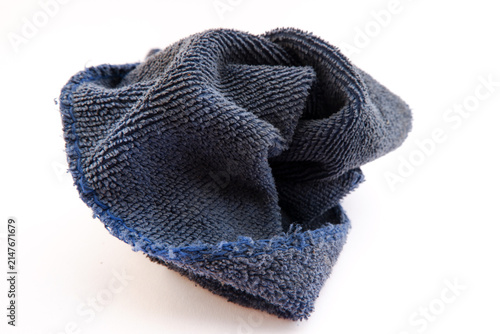 Canvastavla Dark blue microfiber cleaning cloth showing visible dirt and signs of wear after prolonged use