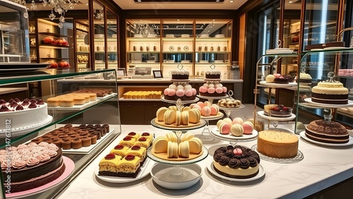 Decadent Display of Gourmet Cakes and Pastries in a Luxurious Bakery.