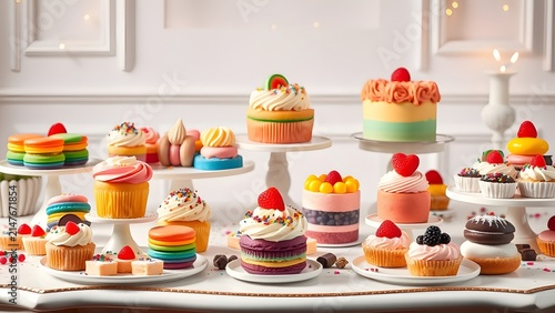 Vibrant Dessert Table with Assorted Rainbow Cakes and Cupcakes for a Festive Celebration.