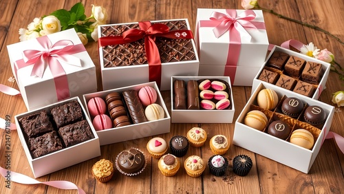 Assortment of gourmet chocolates macarons and brownies in elegant gift boxes on a rustic wooden table.