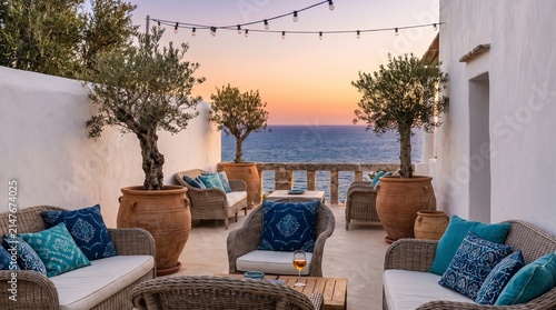 Mediterranean terrace lounge area, whitewashed walls, blue accent cushions, wicker furniture, potted olive trees, ocean view backdrop