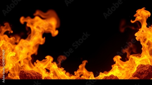 Fiery blaze with burning rocks on black background